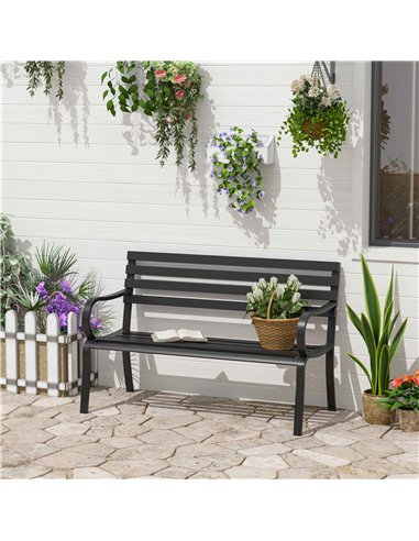 Outsunny Stylish 2 Seater Metal Garden Porch Chair Bench Stable Patio Outdoor Park Metal Bench - Black