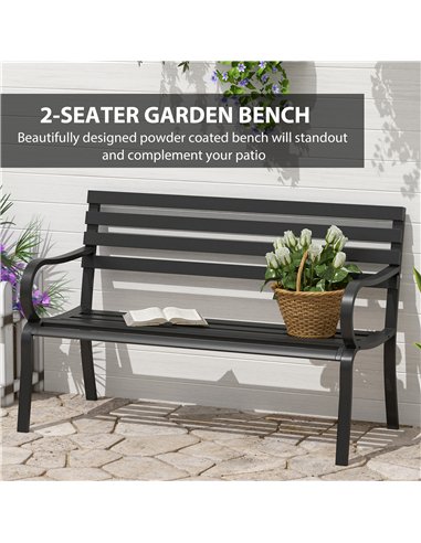 Outsunny Stylish 2 Seater Metal Garden Porch Chair Bench Stable Patio Outdoor Park Metal Bench - Black