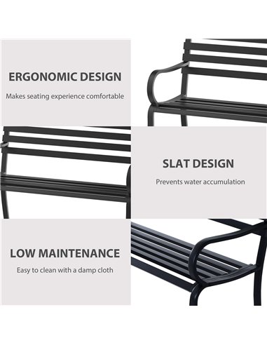 Outsunny Stylish 2 Seater Metal Garden Porch Chair Bench Stable Patio Outdoor Park Metal Bench - Black