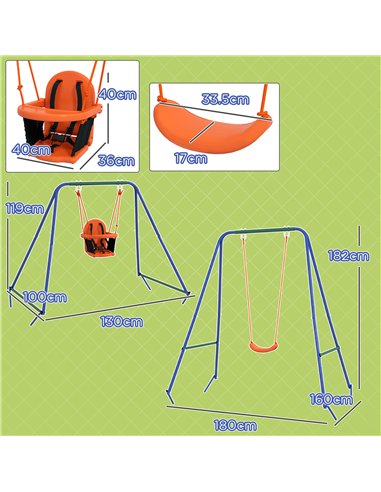 Outsunny Two-In-One Toddler Garden Swing, with Comfortable Seat, Safety Belt - Orange and Blue