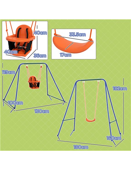 Outsunny Two-In-One Toddler Garden Swing, with Comfortable Seat, Safety Belt - Orange and Blue - pic 128786 | FastDaddyshop