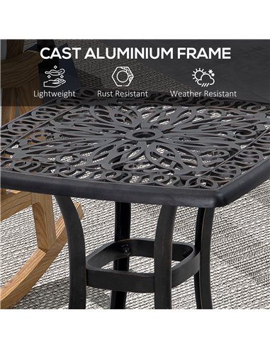 Outsunny Cast Aluminium Bistro Table, Outdoor Square Side Table with Umbrella Hole, Garden Table for Balcony, Bronze Tone
