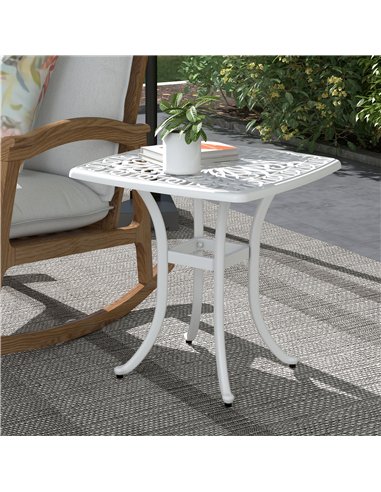 Outsunny Cast Aluminium Bistro Table, Outdoor Square Side Table with Umbrella Hole, Garden Table for Balcony, White