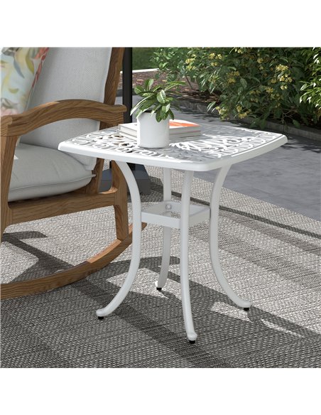 Outsunny Cast Aluminium Bistro Table, Outdoor Square Side Table with Umbrella Hole, Garden Table for Balcony, White - pic 128839 | FastDaddyshop