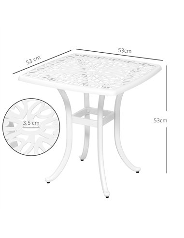Outsunny Cast Aluminium Bistro Table, Outdoor Square Side Table with Umbrella Hole, Garden Table for Balcony, White
