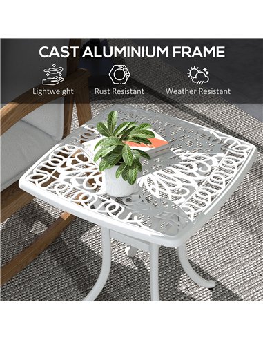 Outsunny Cast Aluminium Bistro Table, Outdoor Square Side Table with Umbrella Hole, Garden Table for Balcony, White