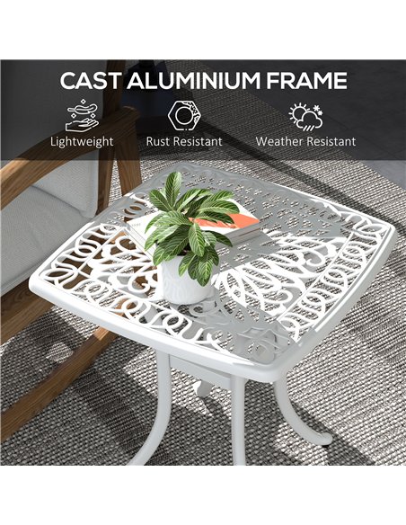 Outsunny Cast Aluminium Bistro Table, Outdoor Square Side Table with Umbrella Hole, Garden Table for Balcony, White - pic 128842 | FastDaddyshop