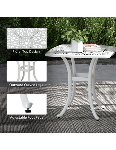 Outsunny Cast Aluminium Bistro Table, Outdoor Square Side Table with Umbrella Hole, Garden Table for Balcony, White