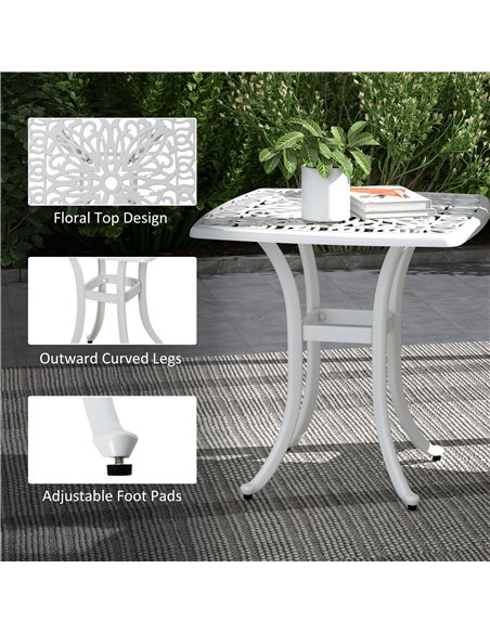 Outsunny Cast Aluminium Bistro Table, Outdoor Square Side Table with Umbrella Hole, Garden Table for Balcony, White - pic 128843 | FastDaddyshop