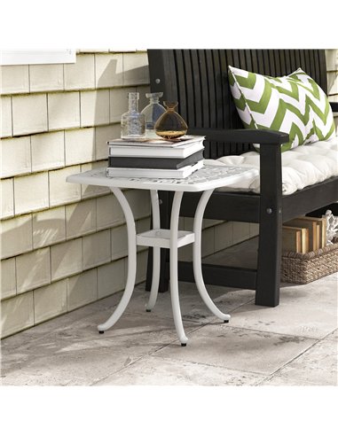 Outsunny Cast Aluminium Bistro Table, Outdoor Square Side Table with Umbrella Hole, Garden Table for Balcony, White
