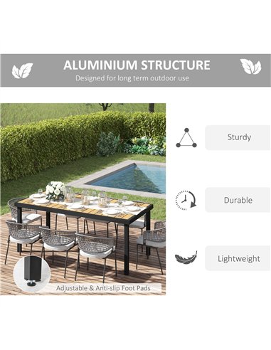 Outsunny Aluminium Outdoor Garden Dining Table for 8 People, Faux Wood Top, for Garden, Patio, 190 x 90 x 74 cm, Natural