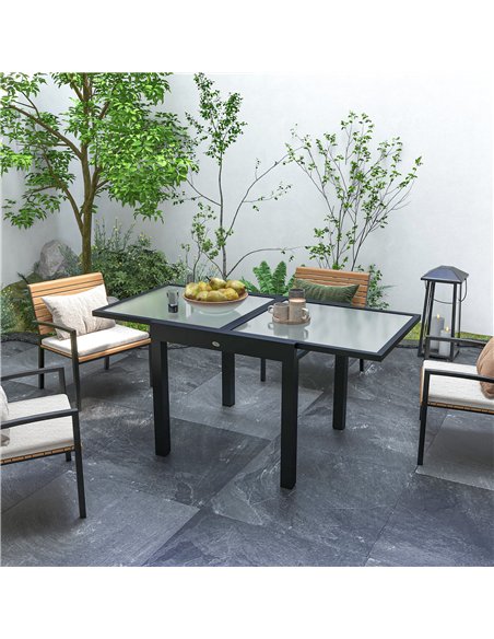 Outsunny Extending Garden Table, Outdoor Dining Table with Aluminium Frame and Tempered Glass Tabletop, 80/160 x 80 x 75 cm, Bla - pic 128875 | FastDaddyshop
