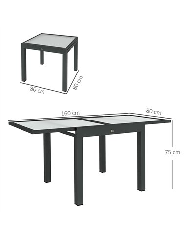 Outsunny Extending Garden Table, Outdoor Dining Table with Aluminium Frame and Tempered Glass Tabletop, 80/160 x 80 x 75 cm, Bla