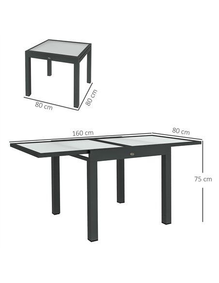 Outsunny Extending Garden Table, Outdoor Dining Table with Aluminium Frame and Tempered Glass Tabletop, 80/160 x 80 x 75 cm, Bla - pic 128876 | FastDaddyshop