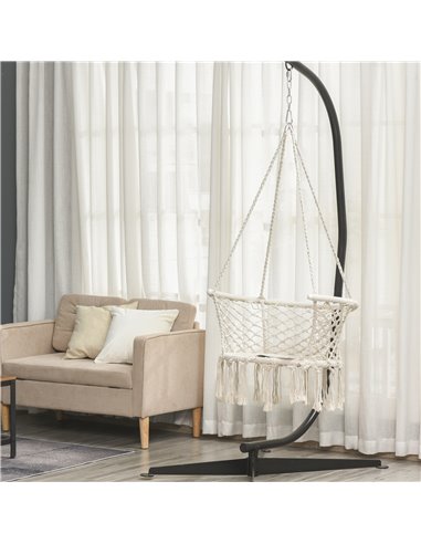 Outsunny Hanging Hammock Chair Cotton Rope Porch Swing with Metal Frame and Cushion, Large Macrame Seat for Patio, Garden, Bedro