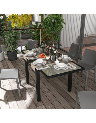 Outsunny Extending Garden Table, Outdoor Dining Table with Aluminium Frame and Tempered Glass Tabletop, 80/160 x 80 x 75 cm, Bla