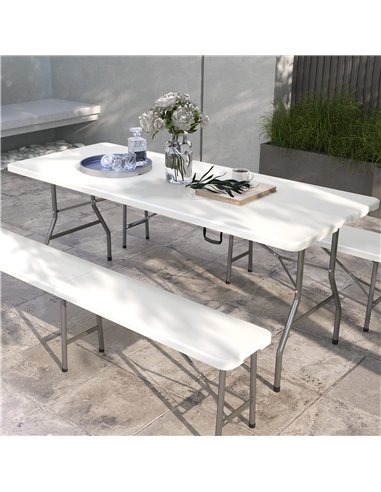 Outsunny 180 x 75cm Folding Garden Table, Outdoor HDPE Picnic Table for 6, Rectangular Patio Table with Metal Frame, White