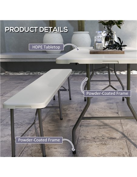 Outsunny 180 x 75cm Folding Garden Table, Outdoor HDPE Picnic Table for 6, Rectangular Patio Table with Metal Frame, White - pic 128886 | FastDaddyshop