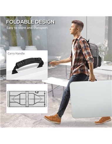 Outsunny 180 x 75cm Folding Garden Table, Outdoor HDPE Picnic Table for 6, Rectangular Patio Table with Metal Frame, White