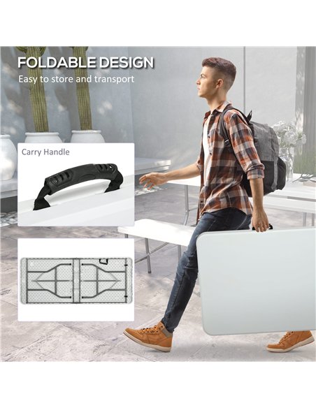 Outsunny 180 x 75cm Folding Garden Table, Outdoor HDPE Picnic Table for 6, Rectangular Patio Table with Metal Frame, White - pic 128887 | FastDaddyshop