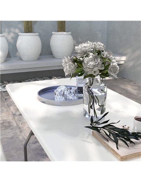 Outsunny 180 x 75cm Folding Garden Table, Outdoor HDPE Picnic Table for 6, Rectangular Patio Table with Metal Frame, White - pic 128890 | FastDaddyshop