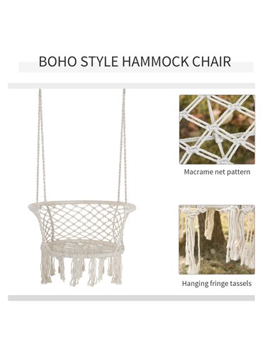 Outsunny Hanging Hammock Chair Cotton Rope Porch Swing with Metal Frame and Cushion, Large Macrame Seat for Patio, Garden, Bedro