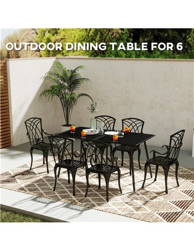 Outsunny Rectangle Garden Table with Slat Top, Steel Frame, Outdoor Table for 6 Person, 150 x 80 x 74 cm, Black