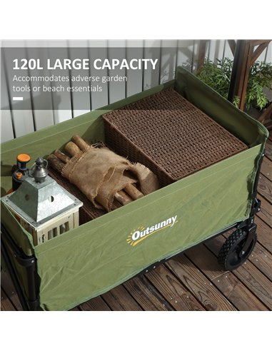 Outsunny 120L Folding Garden Trolley Cart, Outdoor Collapsible Wagon with Wheels and Adjustable Handle for Beach, Camping, Festi