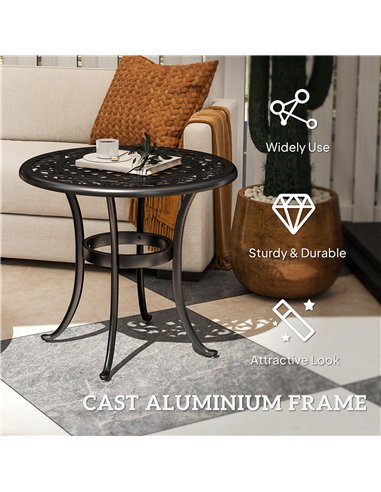 Outsunny 60cm Round Garden Table, Outdoor Hollow Top Design Side Table with Cast Aluminium Frame for Patio, Garden, Balcony, Bla
