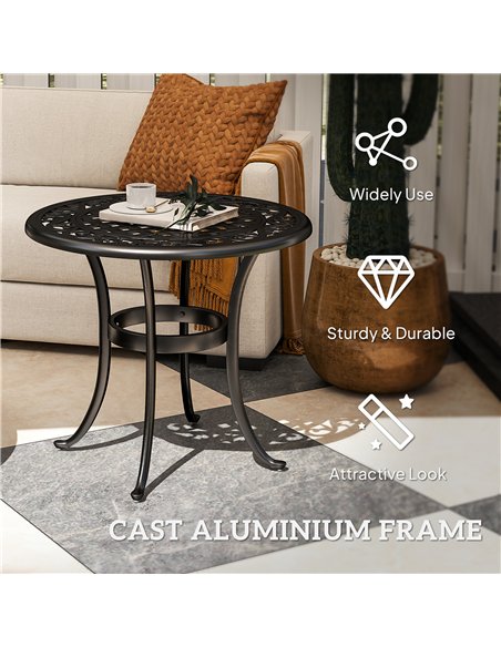 Outsunny 60cm Round Garden Table, Outdoor Hollow Top Design Side Table with Cast Aluminium Frame for Patio, Garden, Balcony, Bla - pic 128959 | FastDaddyshop