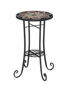 Outsunny Mosaic Garden Table, 35.5 cm Round Outdoor Table with Shelf, Ceramic Tile Top, Small Garden Side Table Bistro Table End
