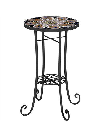 Outsunny Mosaic Garden Table, 35.5 cm Round Outdoor Table with Shelf, Ceramic Tile Top, Small Garden Side Table Bistro Table End - pic 128964 | FastDaddyshop