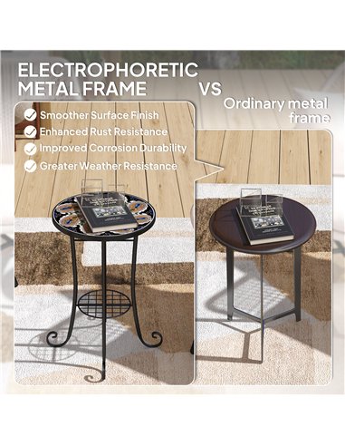 Outsunny Mosaic Garden Table, 35.5 cm Round Outdoor Table with Shelf, Ceramic Tile Top, Small Garden Side Table Bistro Table End