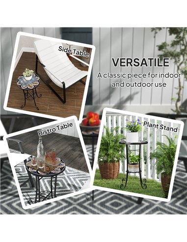 Outsunny Mosaic Garden Table, 35.5 cm Round Outdoor Table with Shelf, Ceramic Tile Top, Small Garden Side Table Bistro Table End