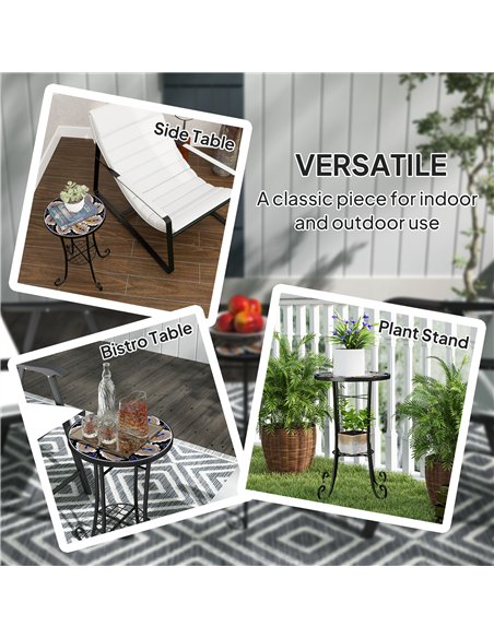 Outsunny Mosaic Garden Table, 35.5 cm Round Outdoor Table with Shelf, Ceramic Tile Top, Small Garden Side Table Bistro Table End - pic 128970 | FastDaddyshop