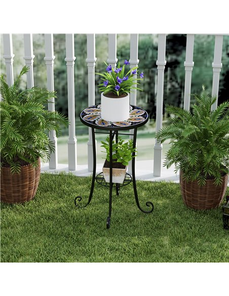 Outsunny Mosaic Garden Table, 35.5 cm Round Outdoor Table with Shelf, Ceramic Tile Top, Small Garden Side Table Bistro Table End - pic 128972 | FastDaddyshop
