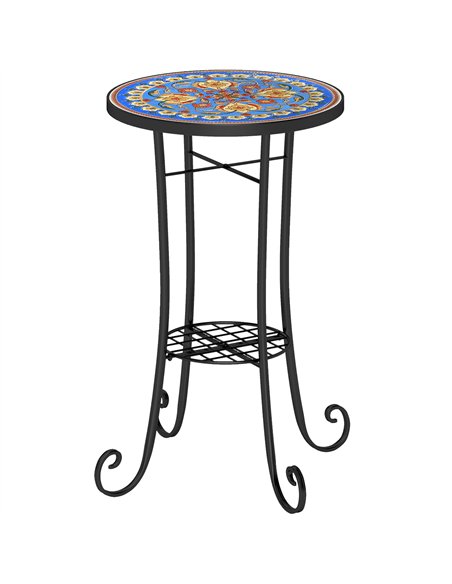 Outsunny Mosaic Garden Table, 35.5 cm Round Outdoor Table with Shelf, Ceramic Tile Top, Small Garden Side Table Bistro Table End - pic 128973 | FastDaddyshop
