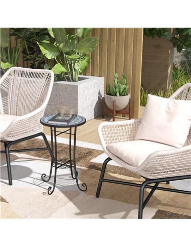 Outsunny Mosaic Garden Table, 35.5 cm Round Outdoor Table with Shelf, Ceramic Tile Top, Small Garden Side Table Bistro Table End