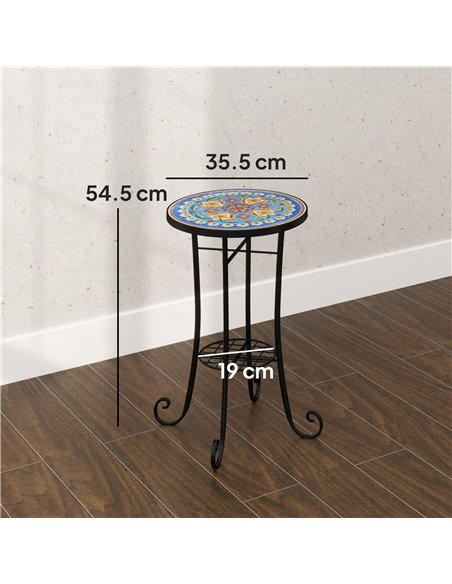 Outsunny Mosaic Garden Table, 35.5 cm Round Outdoor Table with Shelf, Ceramic Tile Top, Small Garden Side Table Bistro Table End - pic 128975 | FastDaddyshop
