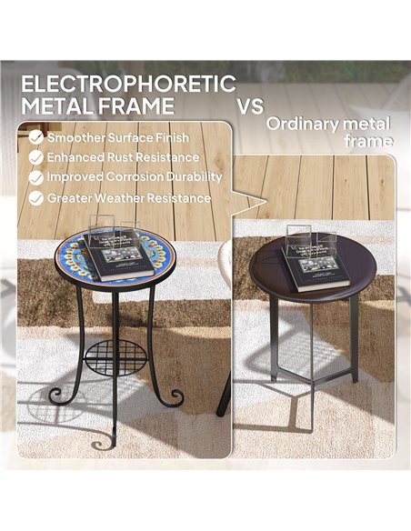 Outsunny Mosaic Garden Table, 35.5 cm Round Outdoor Table with Shelf, Ceramic Tile Top, Small Garden Side Table Bistro Table End - pic 128978 | FastDaddyshop