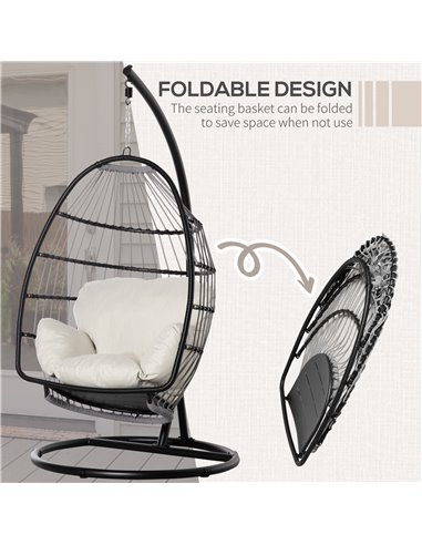 Outsunny Rattan Hanging Egg Chair with Folding Design, Weave Swing Hammock with Cushion and Stand for Indoor Outdoor, Patio Gard