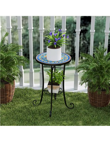 Outsunny Mosaic Garden Table, 35.5 cm Round Outdoor Table with Shelf, Ceramic Tile Top, Small Garden Side Table Bistro Table End