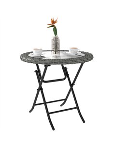 Outsunny Folding Round Tempered Glass Garden Table with Grey Rattan Edging