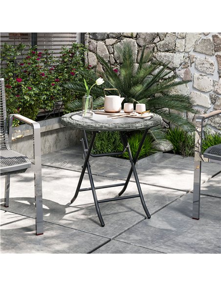 Outsunny Folding Round Tempered Glass Garden Table with Grey Rattan Edging - pic 129010 | FastDaddyshop