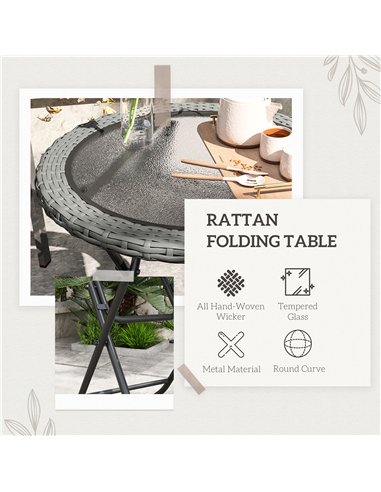 Outsunny Folding Round Tempered Glass Garden Table with Grey Rattan Edging