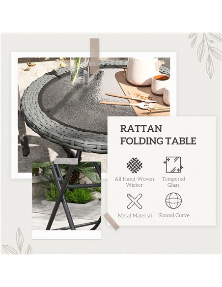 Outsunny Folding Round Tempered Glass Garden Table with Grey Rattan Edging - pic 129012 | FastDaddyshop