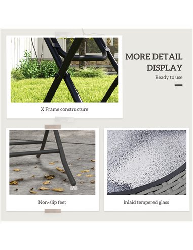 Outsunny Folding Round Tempered Glass Garden Table with Grey Rattan Edging