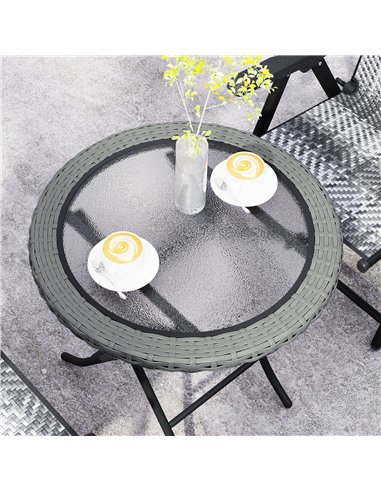 Outsunny Folding Round Tempered Glass Garden Table with Grey Rattan Edging