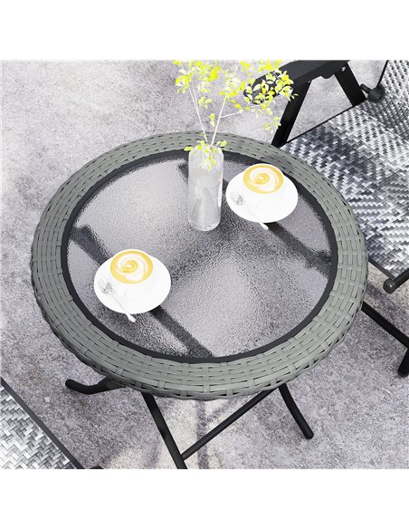 Outsunny Folding Round Tempered Glass Garden Table with Grey Rattan Edging - pic 129016 | FastDaddyshop