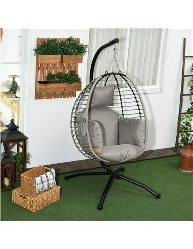 Outsunny Single Rattan Hanging Egg Chair, with Seat Cushion - Grey